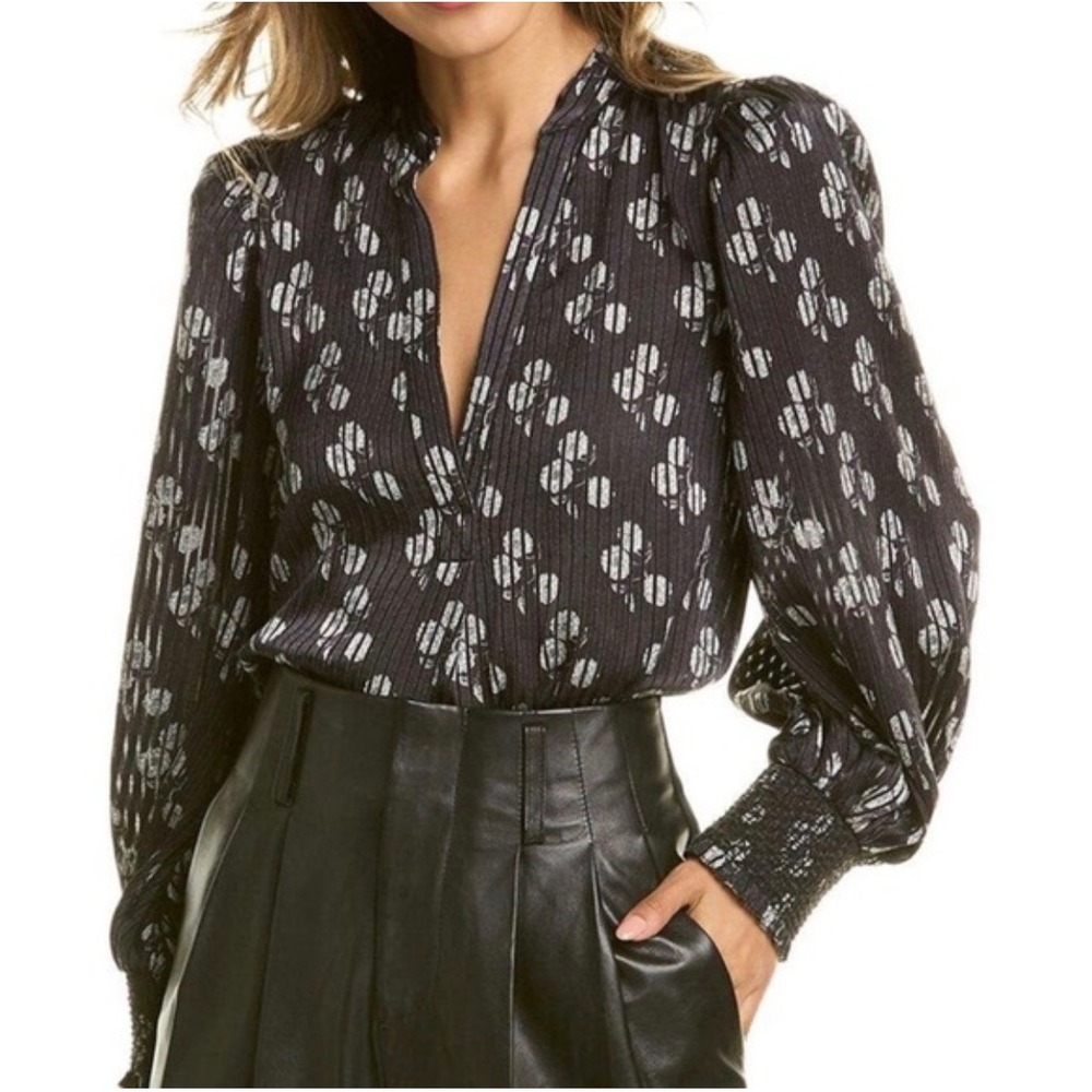 E4 Alice + Olivia Willa Black Silver Floral V-Neck Puff Sleeve Blouse Size S
